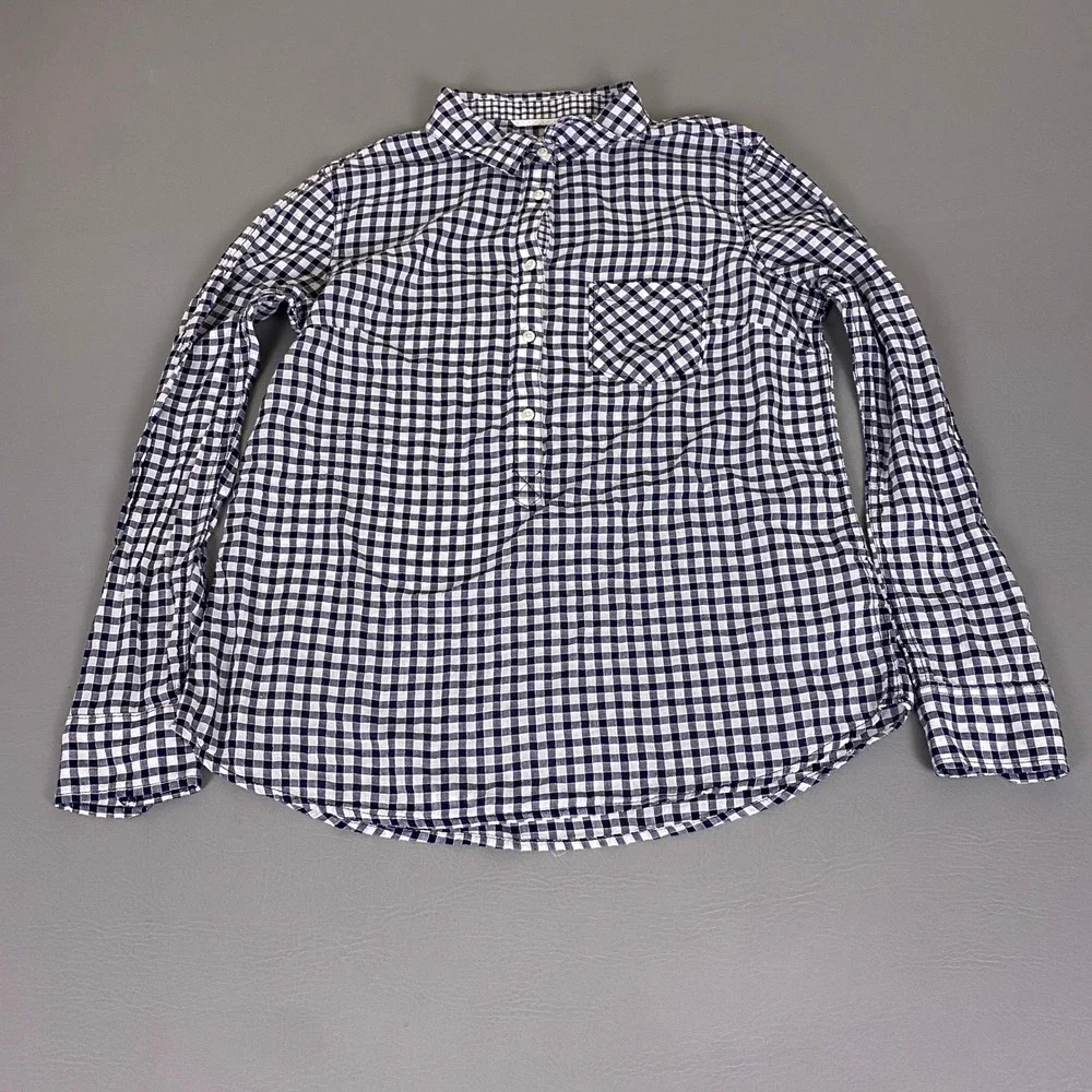 Merona Popover Shirt Women's Size Large L Navy Blue White Gingham Check‎ Cotton